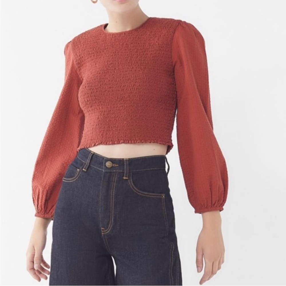 Urban Outfitters Luca Smocked Long Sleeve Top Rust
